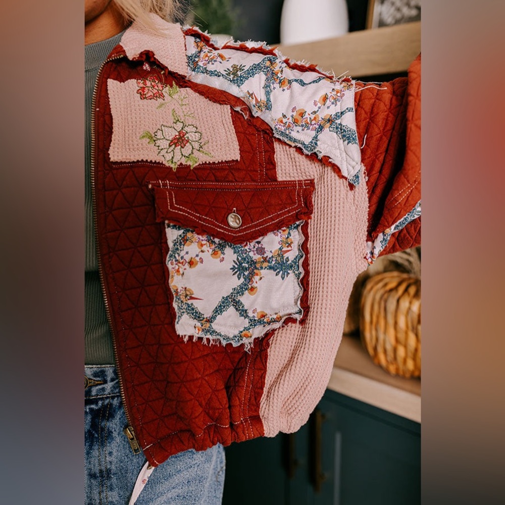 POL Quilted Patchwork Jacket Burgundy Floral Boho Cottagecore Zip Jacket - Picture 5 of 9